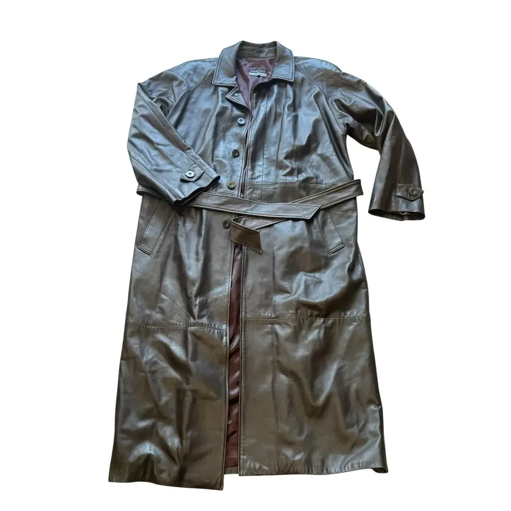 Vericci Man Brown Leather Trench Coat Full Length Duster Jacket Mens Size Large